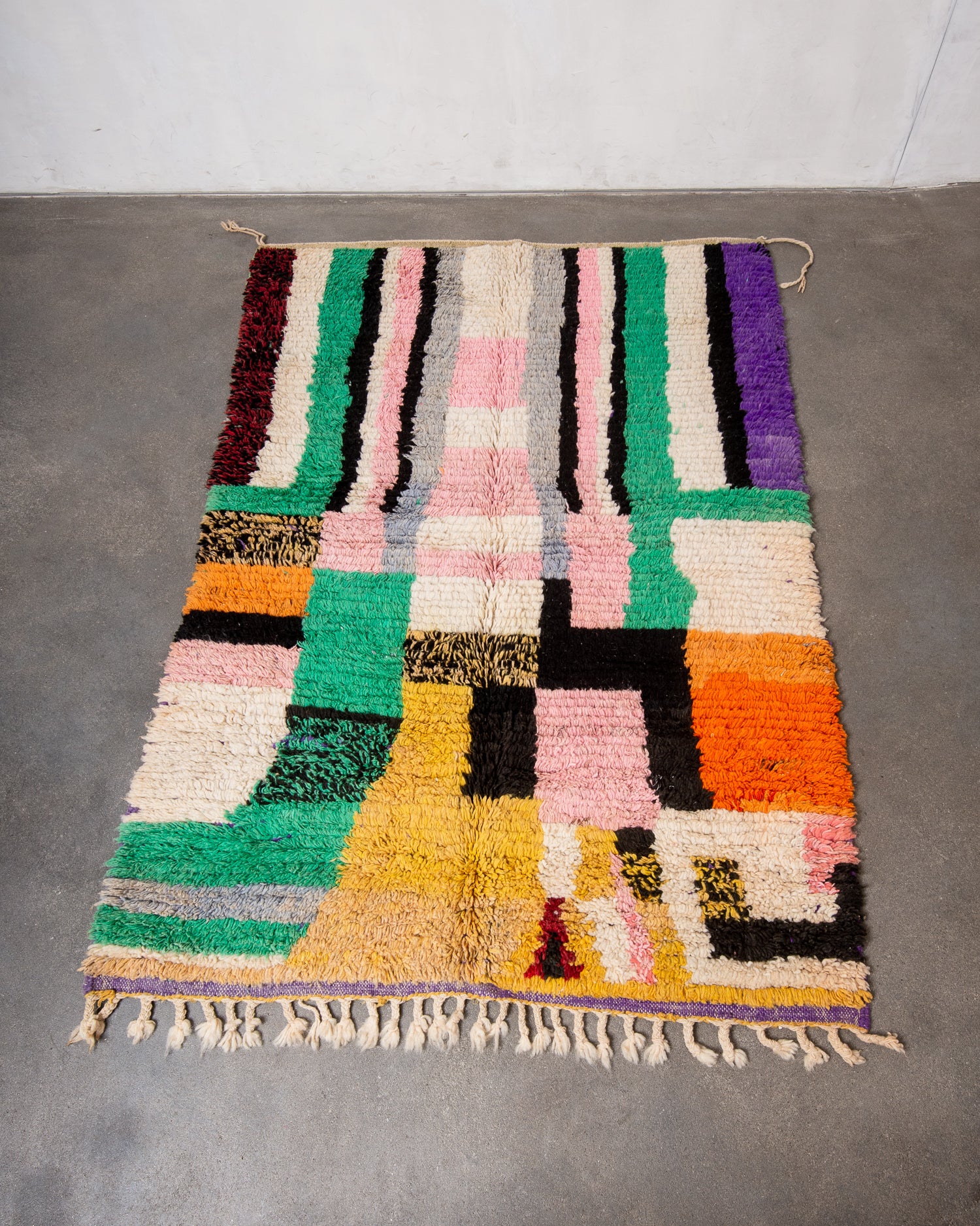 Modern, designer, handcrafted Berber rug from Morocco. Vintage carpet with beautiful colours and patterns and fluffy texture.